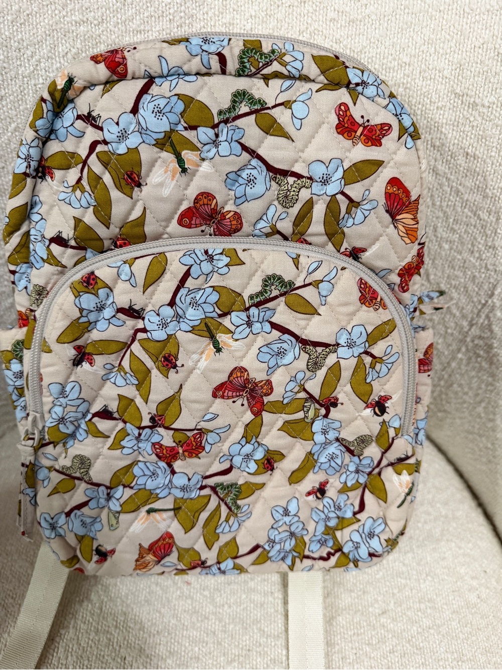 Vera Bradley Abuzz Floral Butterfly Quilted Backpack - Beige with Blue Flowers